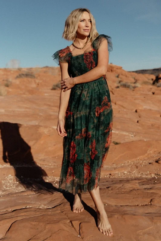 Midi dresses with tassel accents for a bohemian and free - spirited style Clementine Tulle Midi Dress | Dark Green Floral Midi dresses with tassel accents for a bohemian and free - spirited style Clementine Tulle Midi Dress | Dark Green Floral