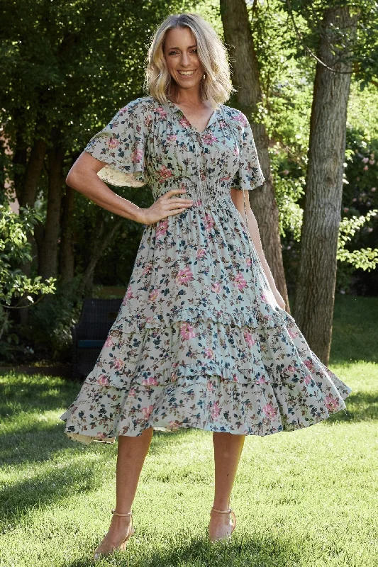 Midi dresses with embroidered accents for a unique and detailed design Spell Boho Midi Dress | Sage + Pink Floral Midi dresses with embroidered accents for a unique and detailed design Spell Boho Midi Dress | Sage + Pink Floral