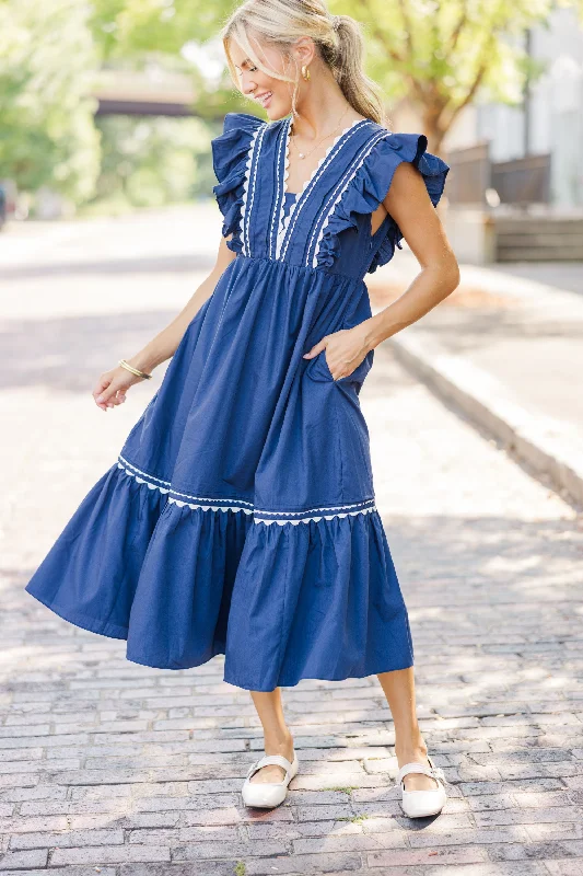 Midi dresses with ruffled hems for a romantic date night Ready For The Day Navy Blue Ruffled Midi Dress Midi dresses with ruffled hems for a romantic date night Ready For The Day Navy Blue Ruffled Midi Dress