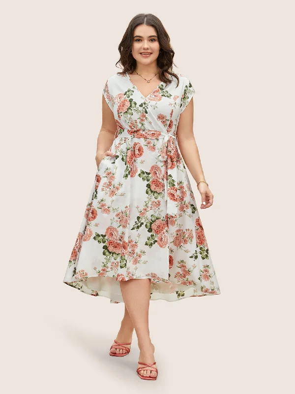 Midi dresses with button - down skirts for a unique and functional design Surplice Neck Floral Cap Sleeve Dress Midi dresses with button - down skirts for a unique and functional design Surplice Neck Floral Cap Sleeve Dress