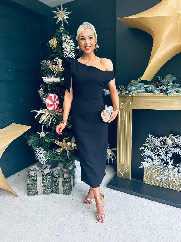 Midi dresses with cold - shoulder cutouts for a trendy style Belle One Shoulder Midi Dress Black Midi dresses with cold - shoulder cutouts for a trendy style Belle One Shoulder Midi Dress Black