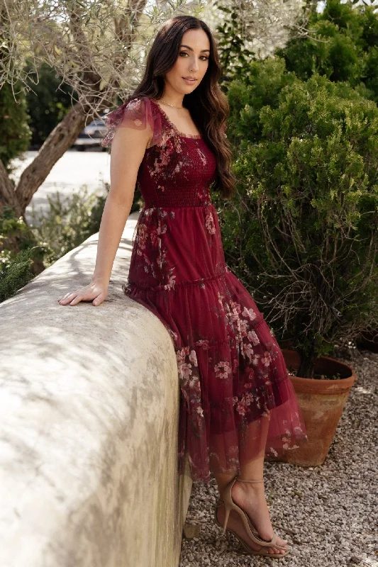 Midi dresses with belted waists to accentuate the figure Clementine Tulle Midi Dress | Wine Multi Midi dresses with belted waists to accentuate the figure Clementine Tulle Midi Dress | Wine Multi