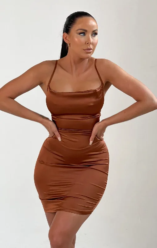 Satin mini dresses for a luxurious feel Chocolate Satin Lace Up Back Strappy Bodycon Mini Dress - Clary Satin mini dresses for a luxurious feel Chocolate Satin Lace Up Back Strappy Bodycon Mini Dress - Clary