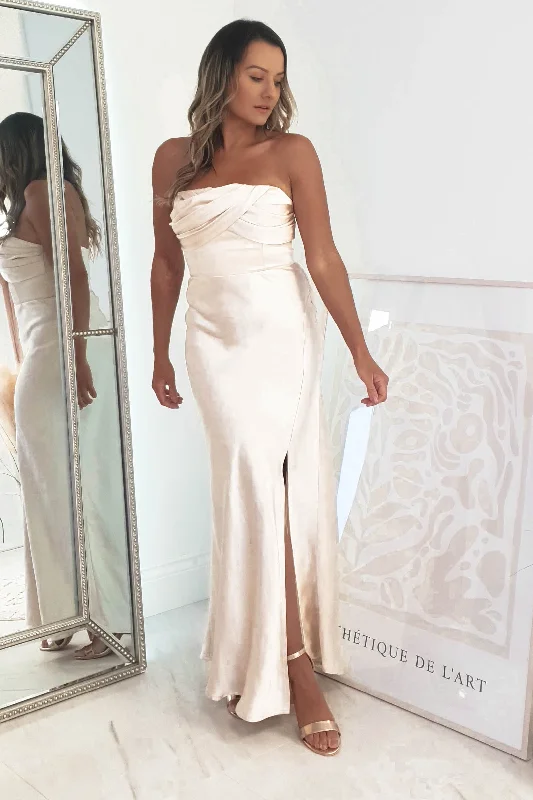 Midi dresses with wrap - around skirts for a customizable fit Everly Strapless Satin Midi Dress | Champange Midi dresses with wrap - around skirts for a customizable fit Everly Strapless Satin Midi Dress | Champange