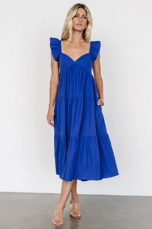 Midi dresses with ruched bodices for a feminine and fitted feel Aria Back Tie Dress | Blue Midi dresses with ruched bodices for a feminine and fitted feel Aria Back Tie Dress | Blue
