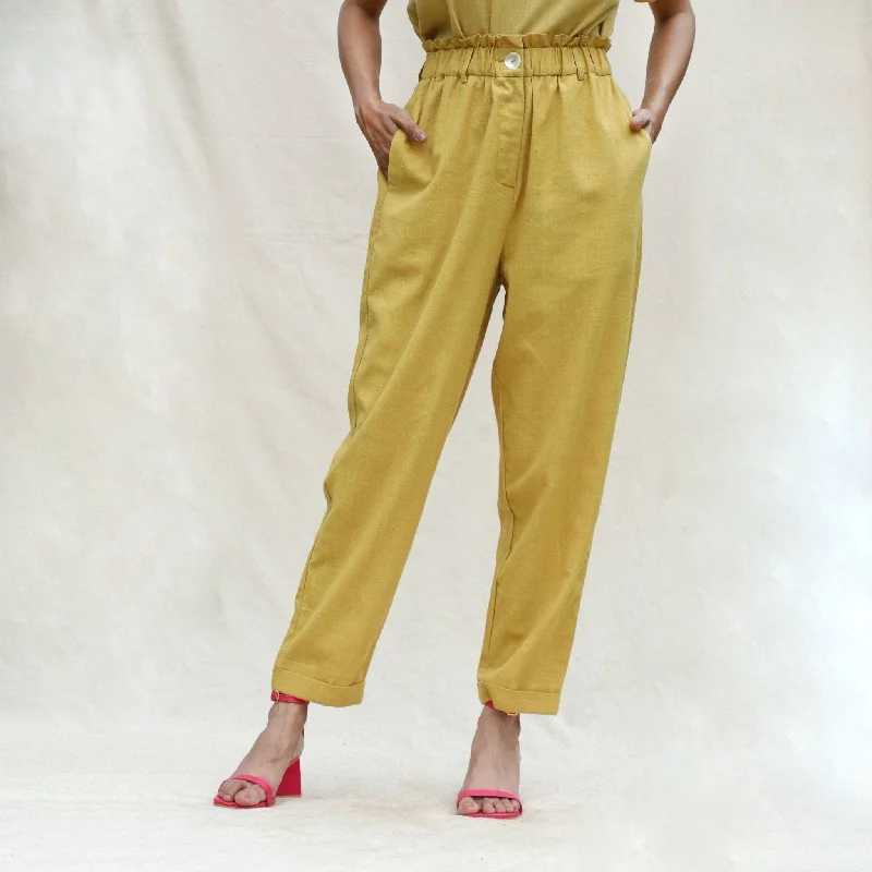 Light Yellow Handspun Cotton High-Rise Elasticated Paperbag Pant