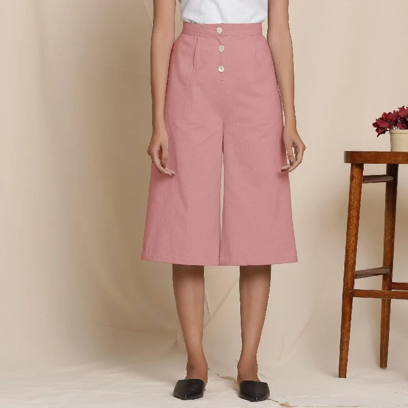 Solid Pink Warm Cotton Flannel High-Rise Culottes