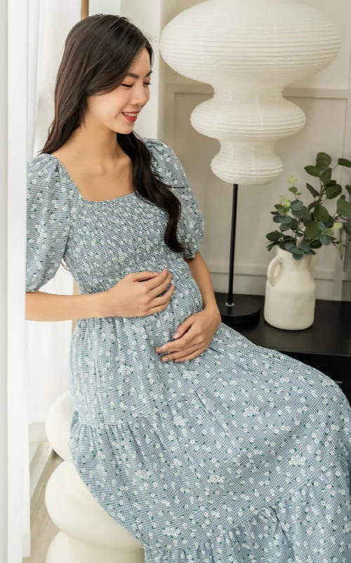 sleep - friendly easy - access women nursing braAda Floral Nursing Dress in Blue