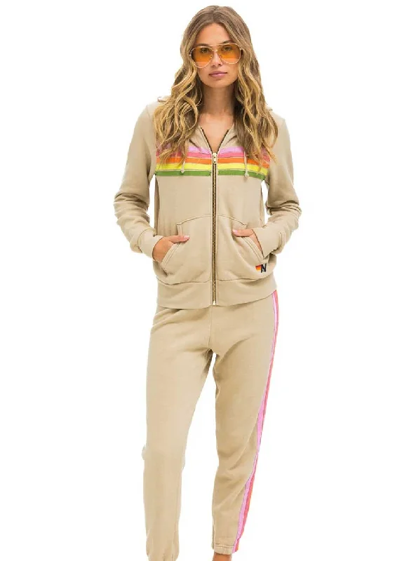 Aviator Nation Women's 5 Stripe Zip Hoodie - Sand Pink Green