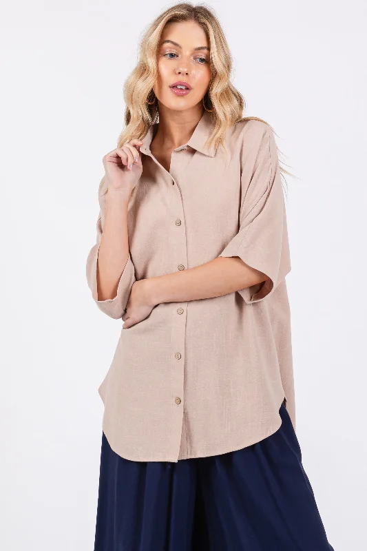 Beige Linen Dolman Half Sleeve Button Down Top