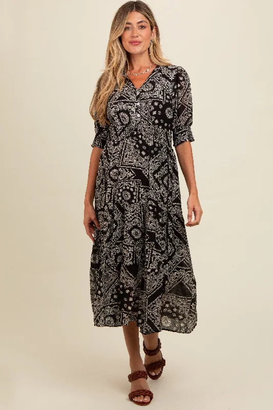 Black Paisley Button Front V-Neck Tiered Maternity Midi Dress