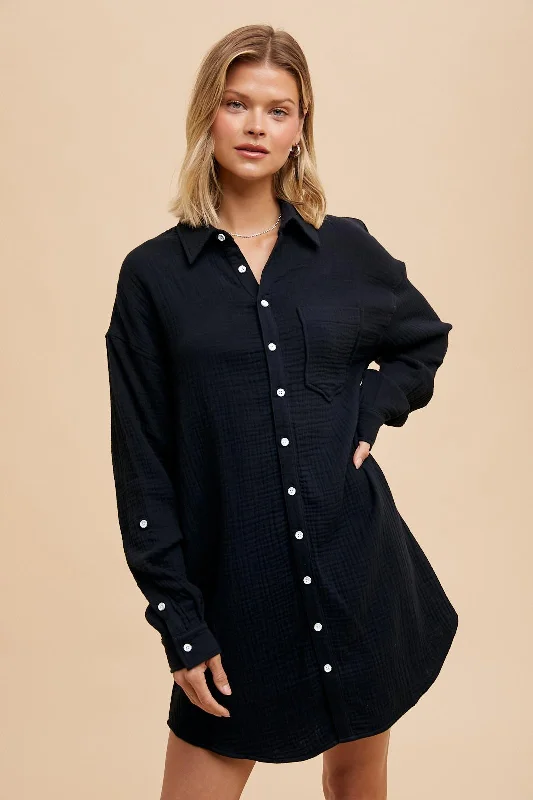 Black Rolled Cuff Button Down Dress