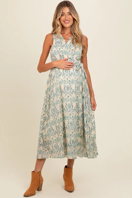 hand wash only women nursing braBlue Floral Damask Wrap Maternity Midi Dress