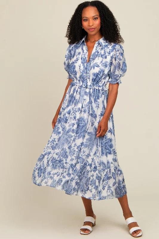 nursing bra for first - time momsBlue Floral Ruffle Accent Button Up Midi Dress
