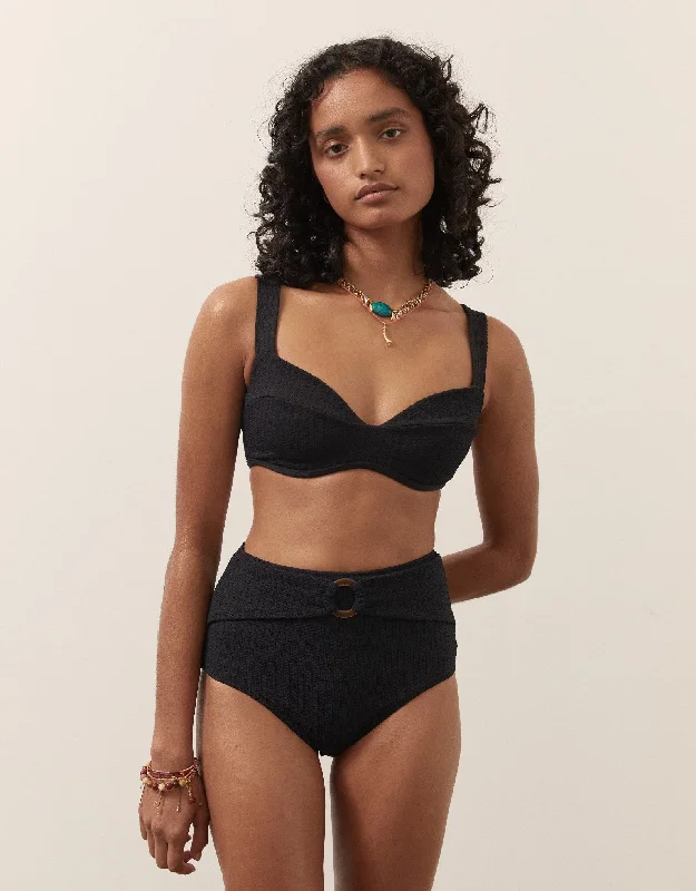 lace trimmed women bikini briefs for a feminine touchRA Pania High Waist Bikini Bottom with Belt Black lace trimmed women bikini briefs for a feminine touchRA Pania High Waist Bikini Bottom with Belt Black