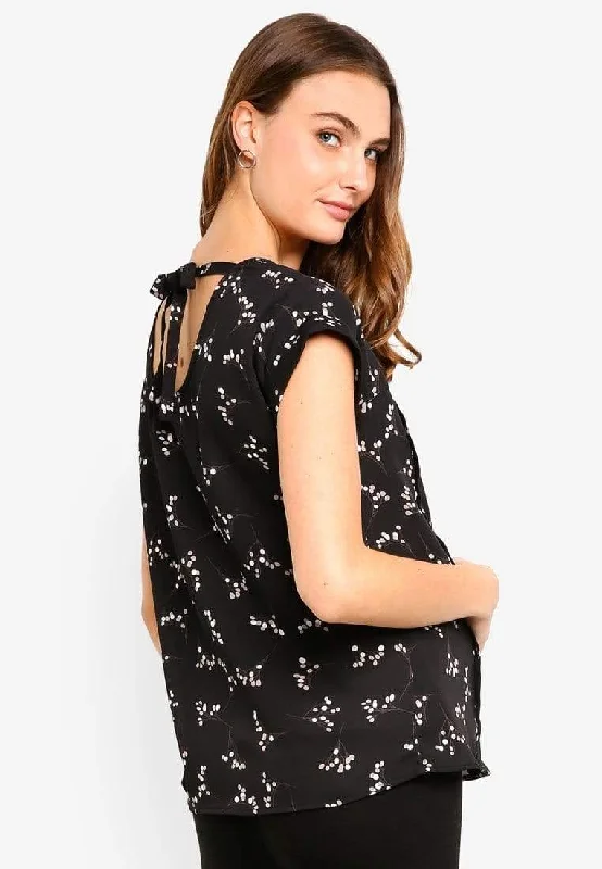 Clarisa Back Bow Black Sprigs Short Sleeve