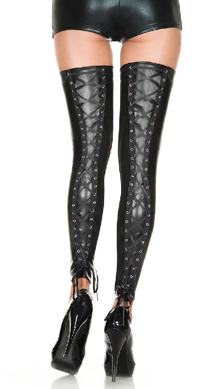 Footless Wet Look Lace-Up Thigh Highs