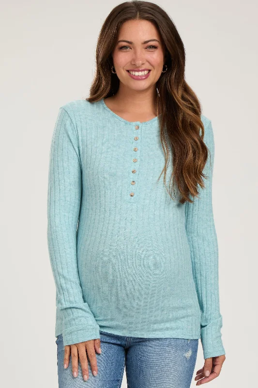 nursing bra for twins momsLight Teal Ribbed Knit Button Long Sleeve Maternity Top