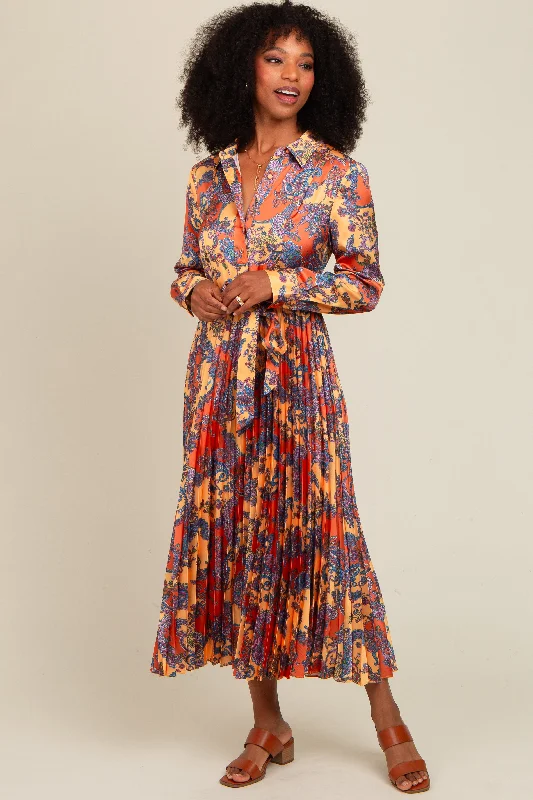 Orange Paisley Print Pleated Button Down Midi Dress