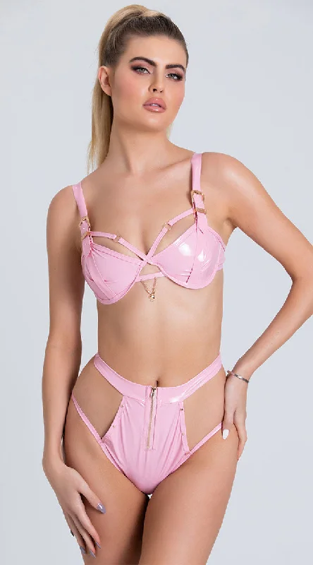 lace trimmed women lingerie for romancePlayboy Louann Vinyl Buckle Bra Set