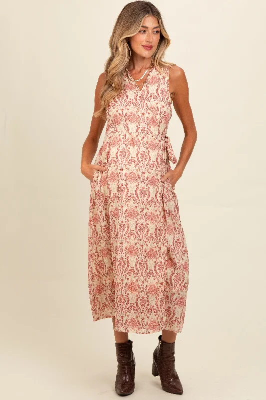 moisture wicking women nursing braRed Floral Damask Wrap Maternity Midi Dress