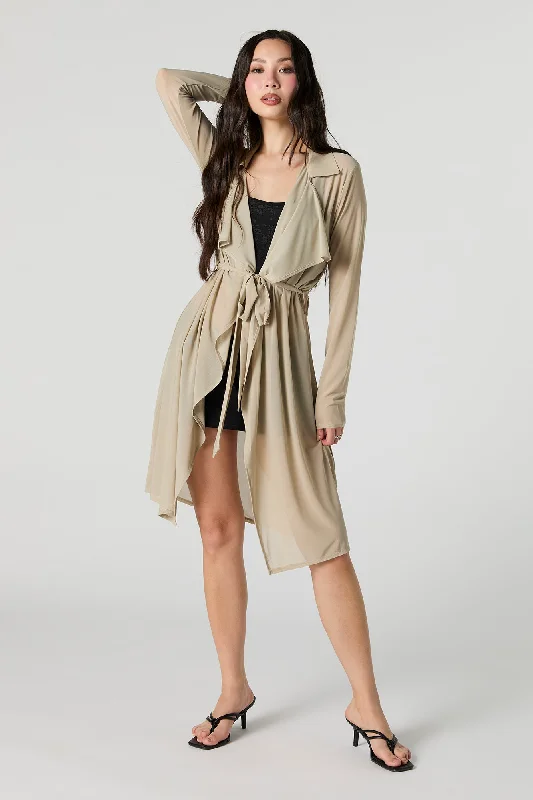 boyfriend style women cardigan for a relaxed fitMesh Self Tie Waterfall Cardigan