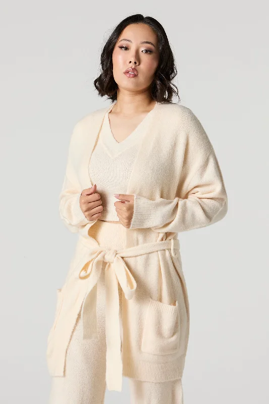 open front women cardigan for easy stylingMossy Belted Longline Cardigan