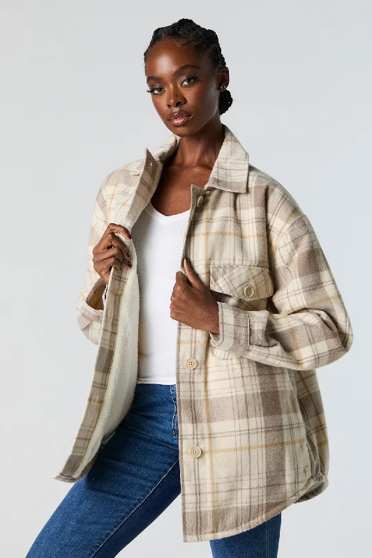 Women's reversible down coats with two - tone designs for versatile stylingSherpa Lined Plaid Flannel Shacket Women's reversible down coats with two - tone designs for versatile stylingSherpa Lined Plaid Flannel Shacket