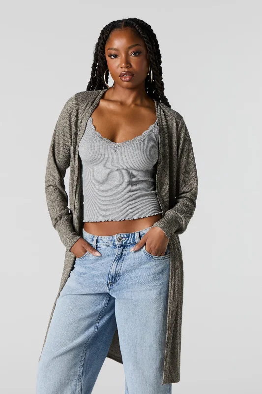 plus size women cardigan for comfortable layeringRibbed Knit Longline Cardigan