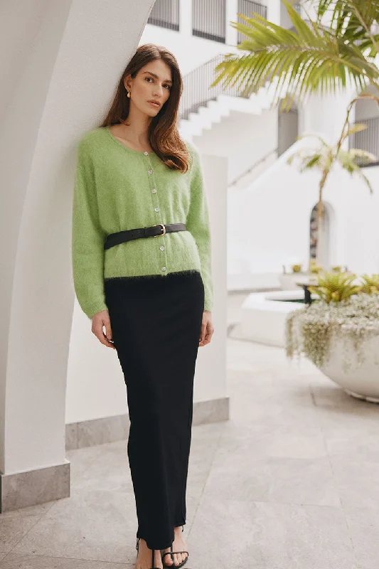 cable knit women cardigan with intricate patternsBrushed Cashmere Crew Cardigan - Green Melange cable knit women cardigan with intricate patternsBrushed Cashmere Crew Cardigan - Green Melange