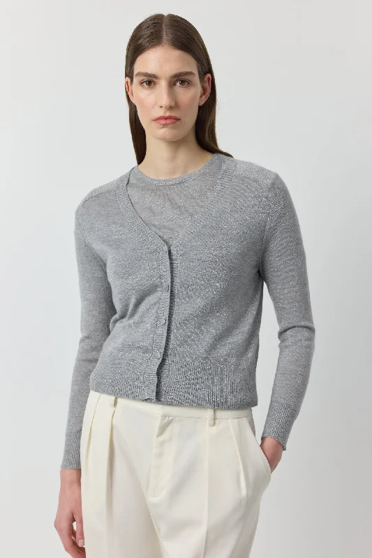 ribbed women cardigan with a classic textureCashmere Lurex Cardigan - Grey Melange/Silver ribbed women cardigan with a classic textureCashmere Lurex Cardigan - Grey Melange/Silver