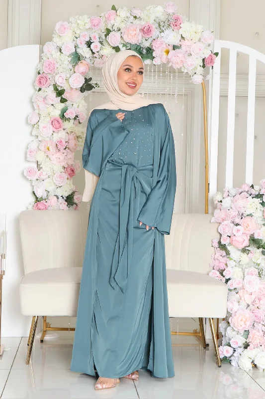 sequin embellished women cardigan for special occasionsCelene Beaded Wrap Abaya Set- Teal sequin embellished women cardigan for special occasionsCelene Beaded Wrap Abaya Set- Teal