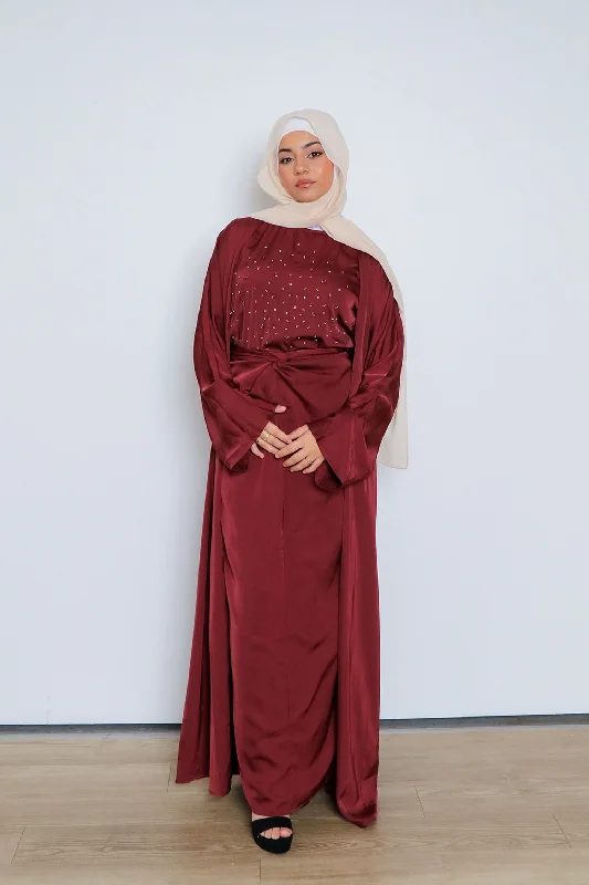 color block women cardigan with bold huesCelene Beaded Wrap Abaya Set- Burnt Sienna