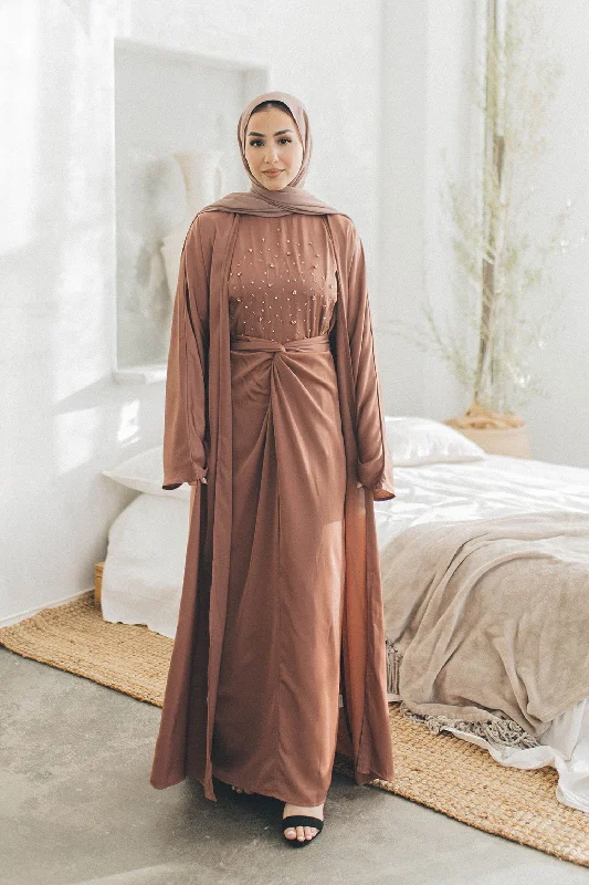 cropped women cardigan to pair with high - waisted jeansCelene Beaded Wrap Abaya Set- Nude Pink cropped women cardigan to pair with high - waisted jeansCelene Beaded Wrap Abaya Set- Nude Pink