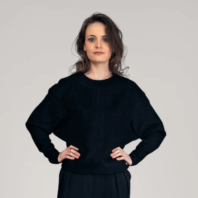 Mid - length women's down coats in a slim fit for a modern and sleek appearanceDolman Sleeve Bamboo-Terry Sweater | Obsidian