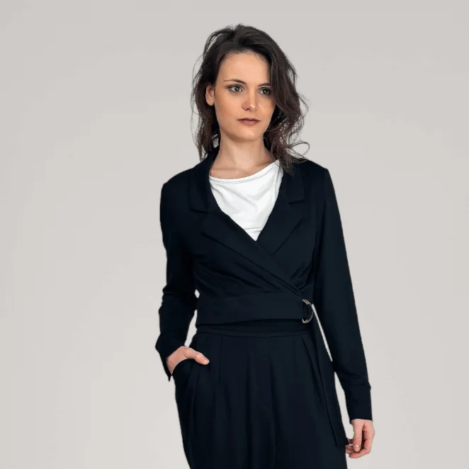 Water - resistant women's trench coats with adjustable cuffs for rainy daysDouble Breasted Fine French Terry Wrap Top | Obsidian Water - resistant women's trench coats with adjustable cuffs for rainy daysDouble Breasted Fine French Terry Wrap Top | Obsidian