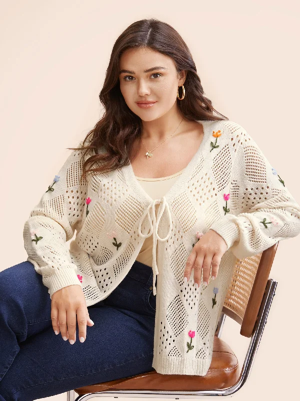 v neck women cardigan to elongate the necklineFloral Embroidered Cut Out Tie Knot Cardigan v neck women cardigan to elongate the necklineFloral Embroidered Cut Out Tie Knot Cardigan
