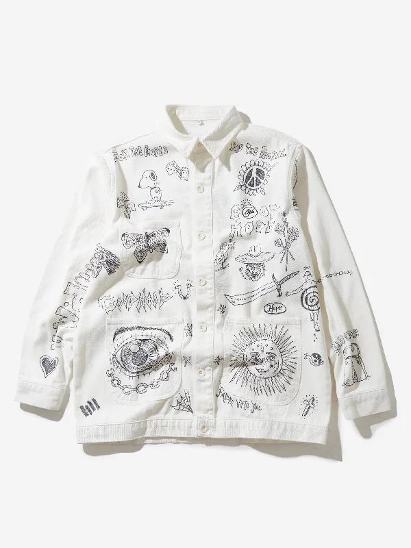 Long women's mac coats in a lightweight fabric for spring showersGoodhood x Rebel Yuth Hand Customised Store Worker Jacket - Medium No 1 Long women's mac coats in a lightweight fabric for spring showersGoodhood x Rebel Yuth Hand Customised Store Worker Jacket - Medium No 1