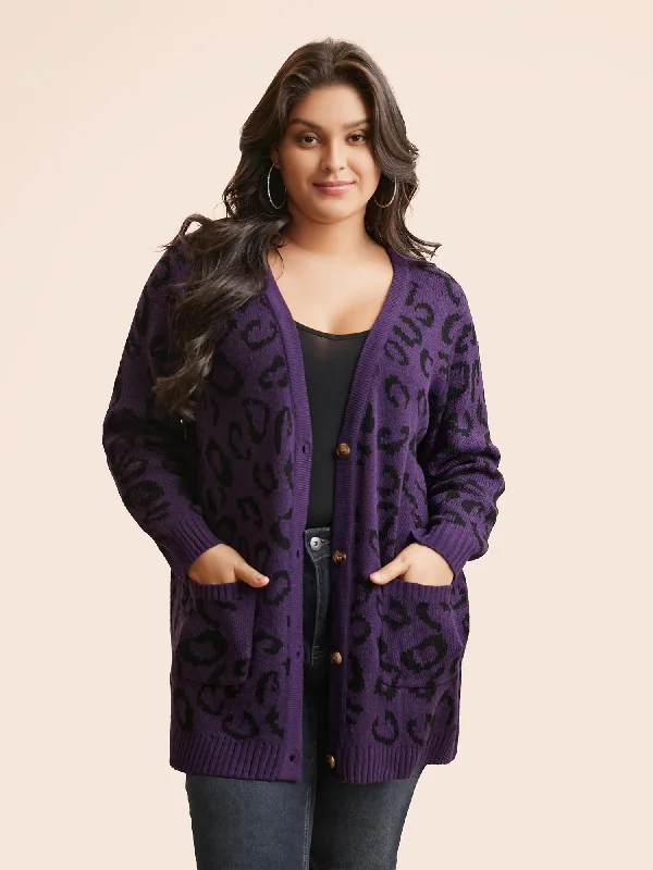 color block women cardigan with bold huesLeopard Print Patched Pocket Cardigan