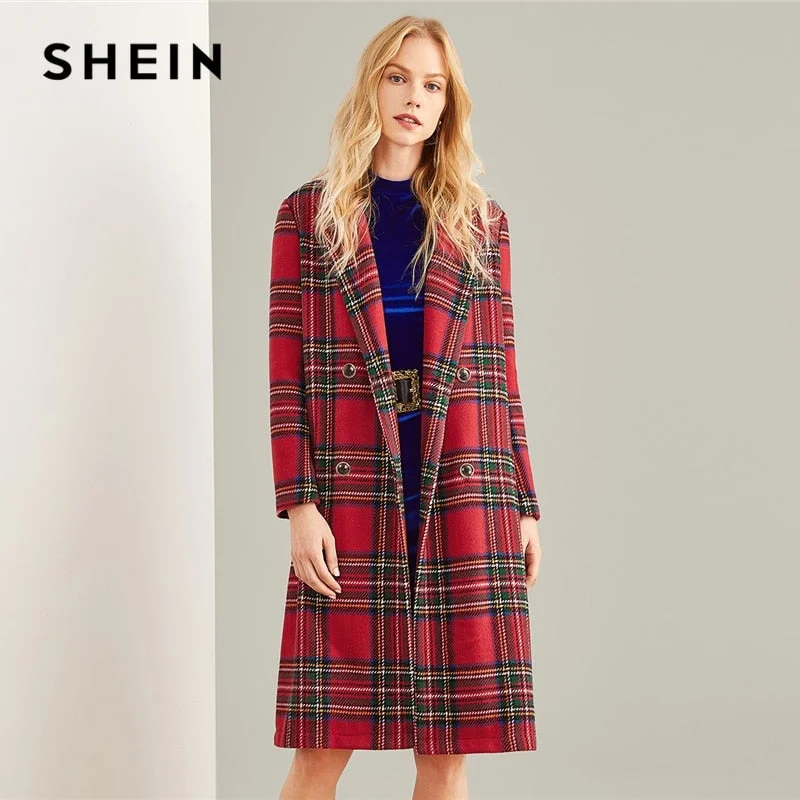Women's reversible down coats with two - tone designs for versatile stylingMulticolor Double Breasted Waterfall Plaid Longline Coat Elegant Pocket Knee Length Women's reversible down coats with two - tone designs for versatile stylingMulticolor Double Breasted Waterfall Plaid Longline Coat Elegant Pocket Knee Length