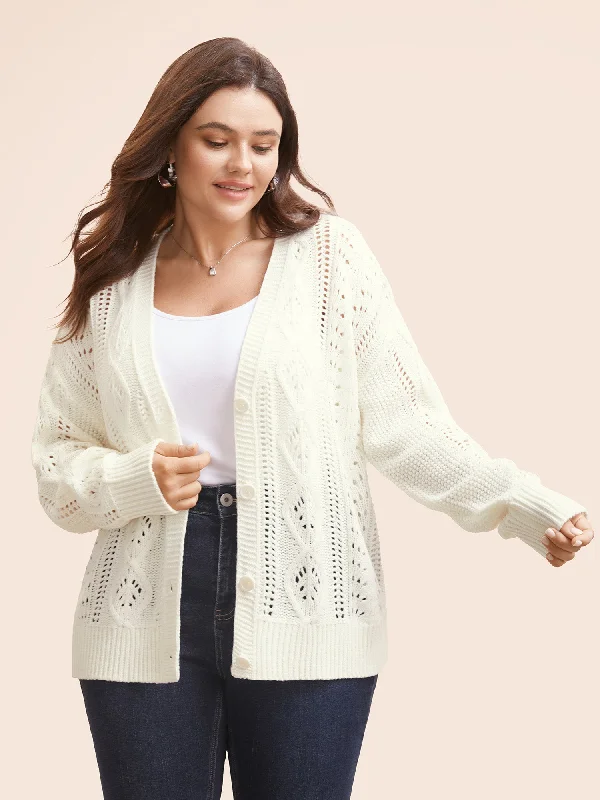 machine washable women cardigan for easy careSolid Hollow Out Button Up Cardigan