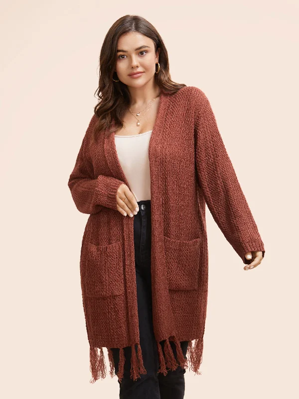 cropped women cardigan to pair with high - waisted jeansSolid Tassel Trim Patched Pocket Cardigan cropped women cardigan to pair with high - waisted jeansSolid Tassel Trim Patched Pocket Cardigan