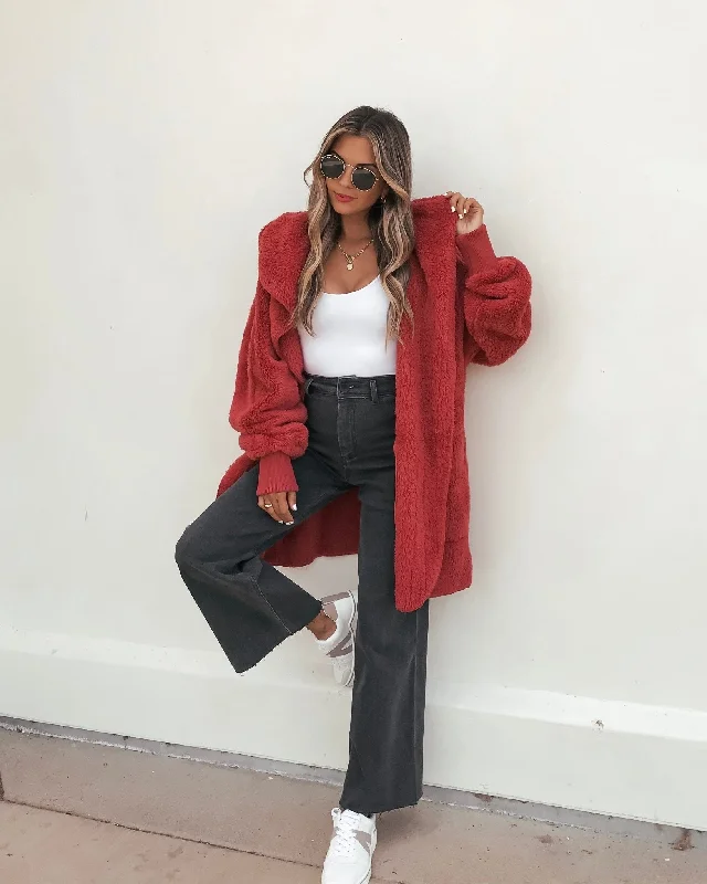 open front women cardigan for easy stylingTeddy Fleece Hooded Cardigan - Red