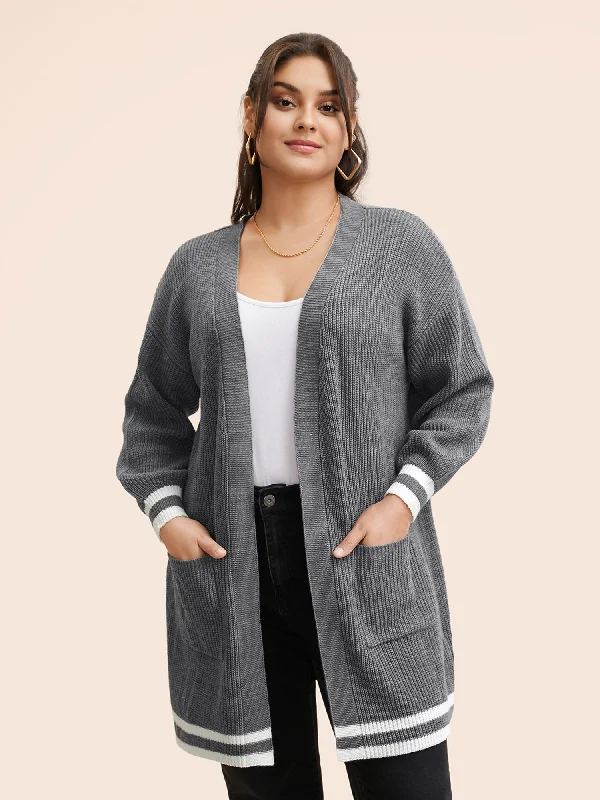 ribbed women cardigan with a classic textureTexture Striped Patchwork Patched Pocket Cardigan