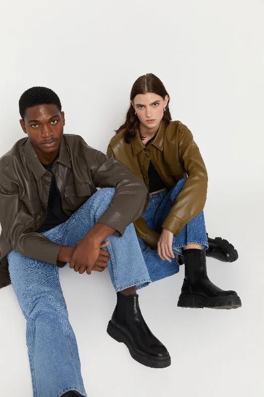 Women's knee - length wool blend coats with a fur collar for added warmthVEGAN LEATHER SHIRT JACKET Women's knee - length wool blend coats with a fur collar for added warmthVEGAN LEATHER SHIRT JACKET