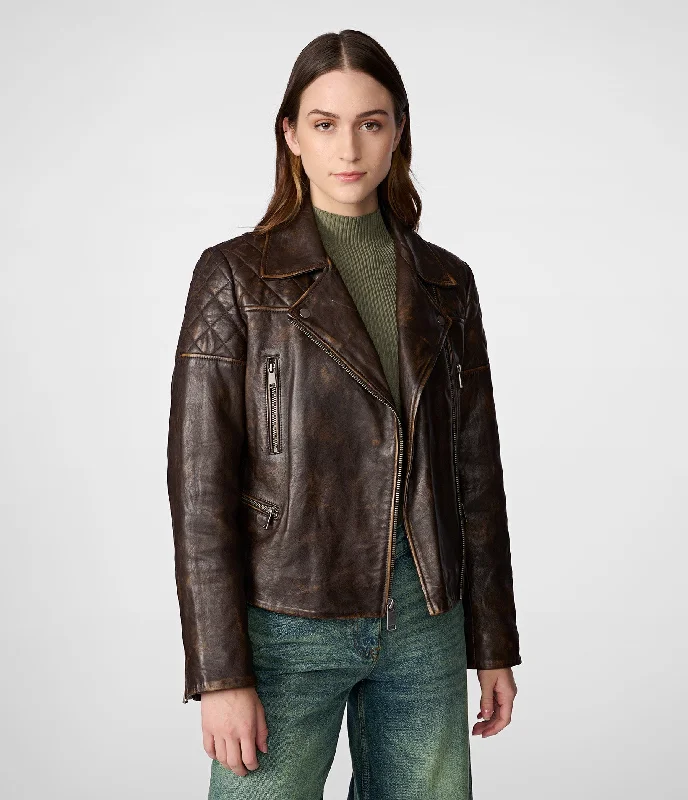 Women's long - sleeve wool coats in a houndstooth pattern for a classic charmRebecca Hand Painted Leather Moto Jacket