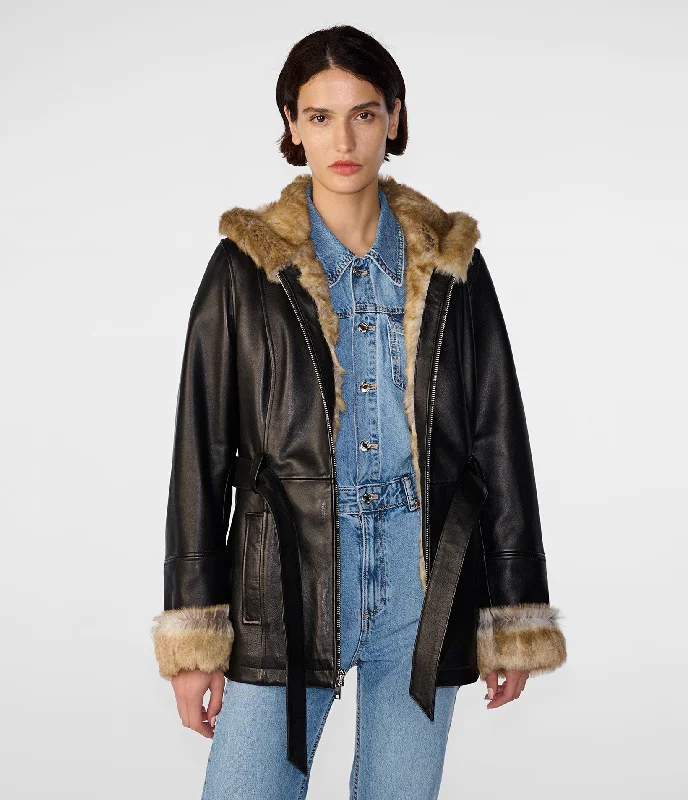 Women's knee - length wool blend coats with a fur collar for added warmthGenevieve Belted Leather Jacket Women's knee - length wool blend coats with a fur collar for added warmthGenevieve Belted Leather Jacket