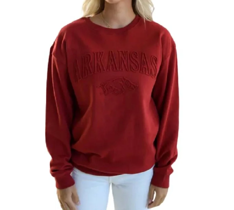 Mini - Length Women's Chunky Knit Sweater Dresses in Bold HuesArkansas Embossed Crew Top In Crimson Mini - Length Women's Chunky Knit Sweater Dresses in Bold HuesArkansas Embossed Crew Top In Crimson