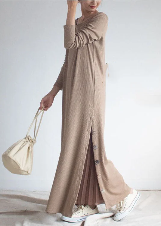 Knee - Length Women's Wool Blend Sweater Dresses in Neutral ColorsArt Beige O-Neck Oversized Side Open Knit Ankle Dress Spring Knee - Length Women's Wool Blend Sweater Dresses in Neutral ColorsArt Beige O-Neck Oversized Side Open Knit Ankle Dress Spring