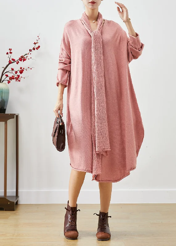 V - Neck Women's Ribbed Sweater Dresses with Belt for a Defined WaistBeautiful Pink Oversized Complimentary Scarf Knit Dress Batwing Sleeve V - Neck Women's Ribbed Sweater Dresses with Belt for a Defined WaistBeautiful Pink Oversized Complimentary Scarf Knit Dress Batwing Sleeve